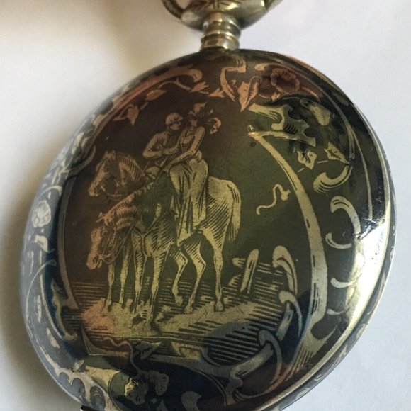 Antique / Vintage Lyst Glashute Niello Lovers Silver Rose Gold Pocket Watch Runs - Picture 5 of 10